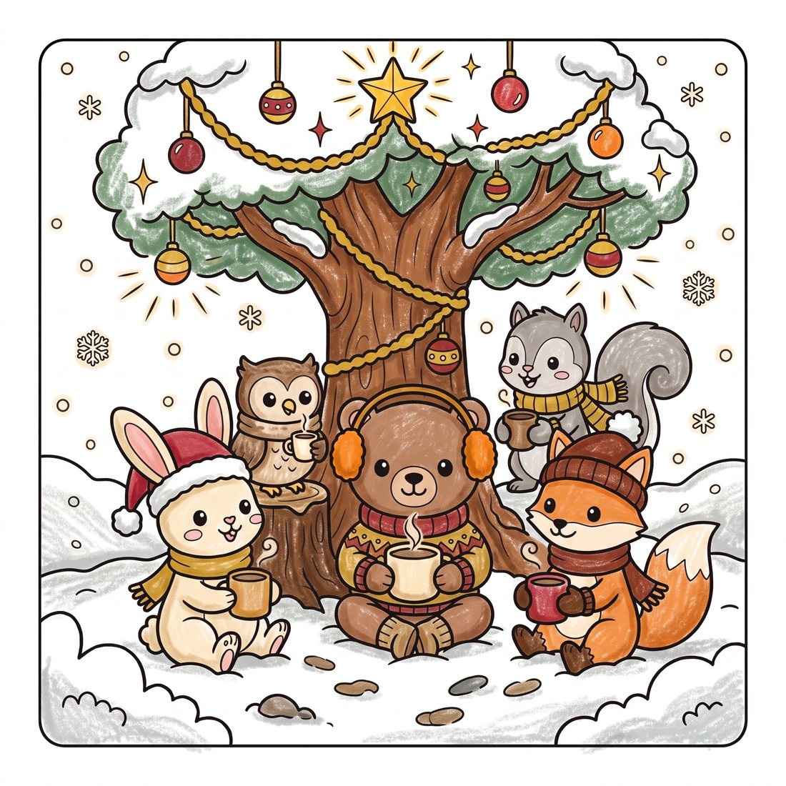 Colored page: the friends drinking cocoa beneath a decorated tree in the snow