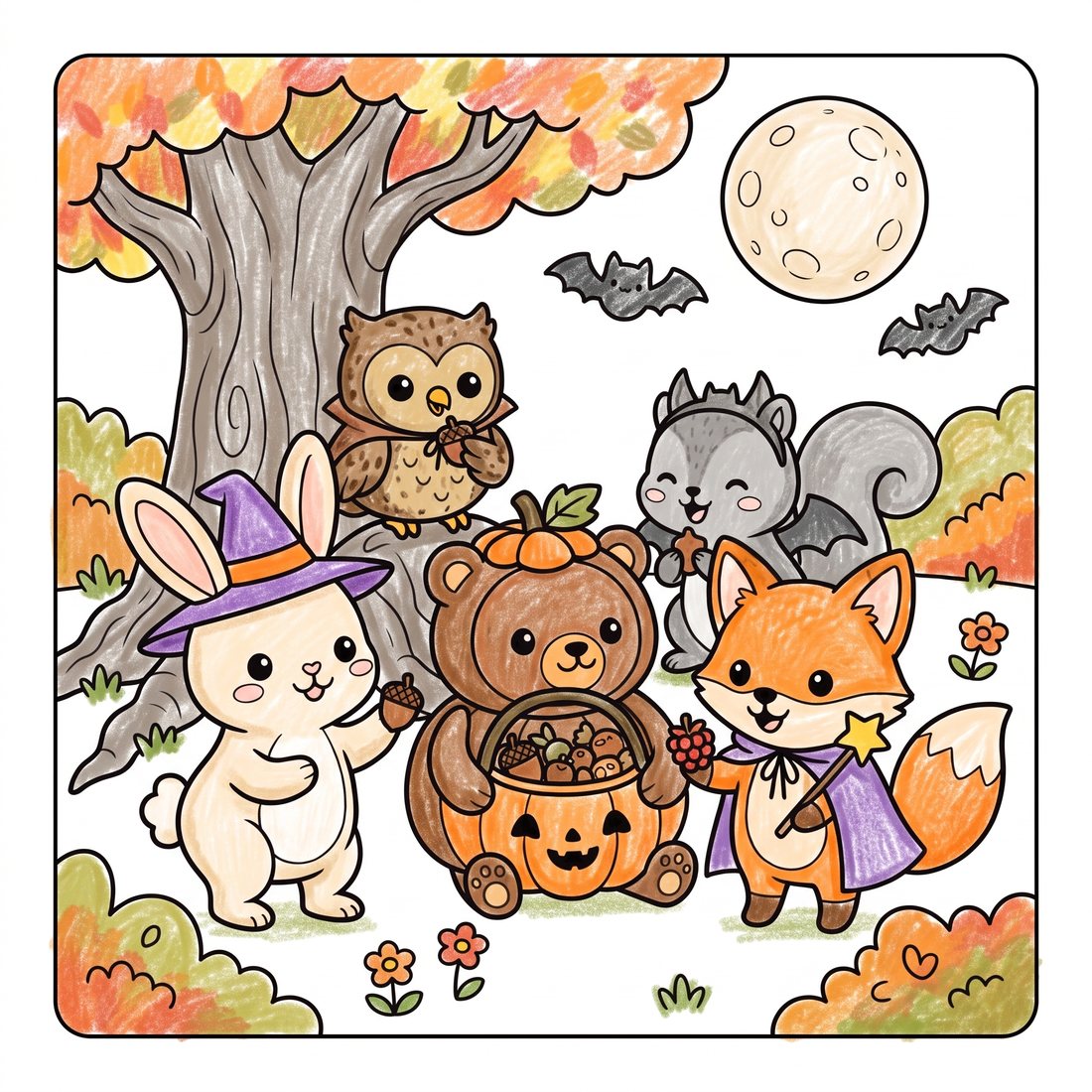 Colored page: the friends in Halloween costumes under an autumn tree and a full moon