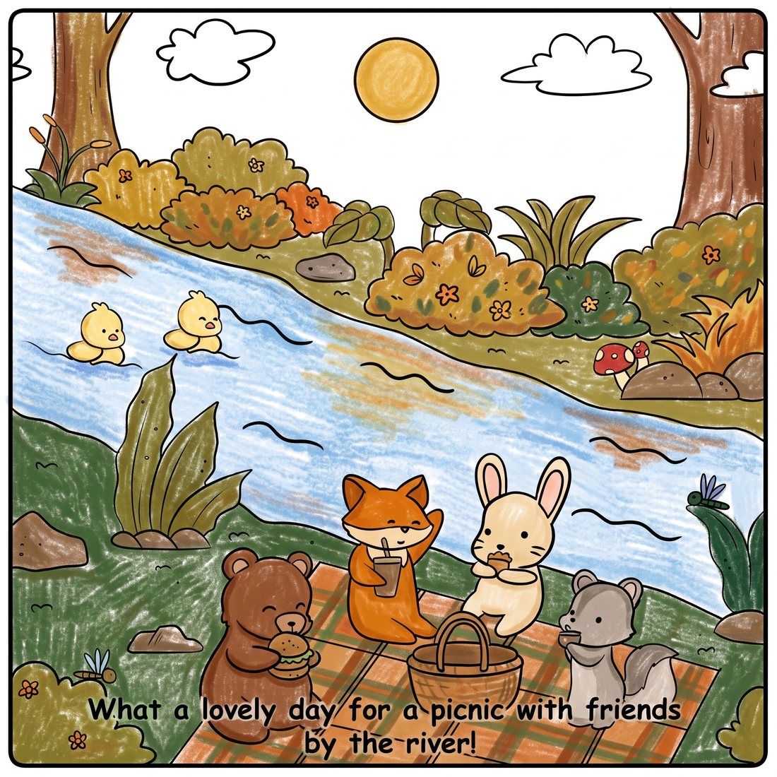A crayon-colored story page: Little Bear, Fox, Bunny and Squirrel picnic on a plaid blanket beside a river.