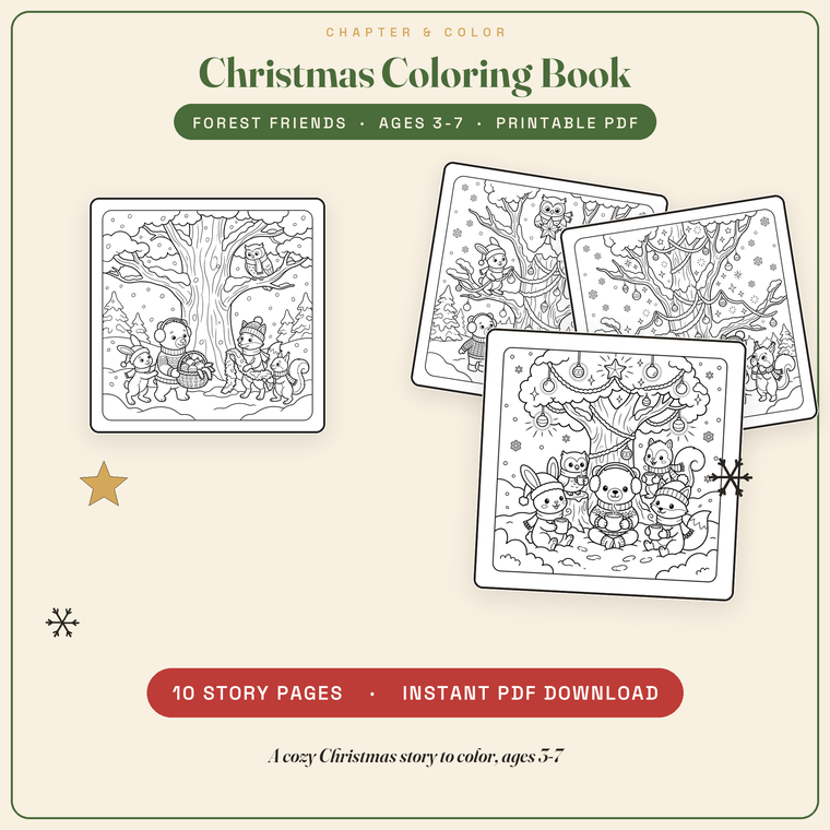Cover: Christmas coloring book with the Forest Friends decorating a tree in the snow