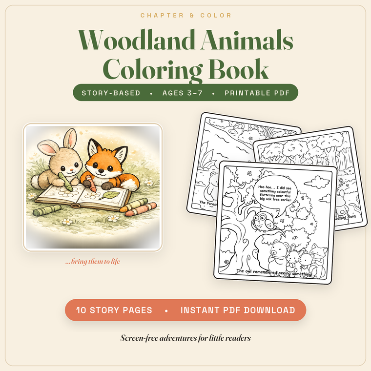 Cover: Woodland Animals story coloring book with sample pages